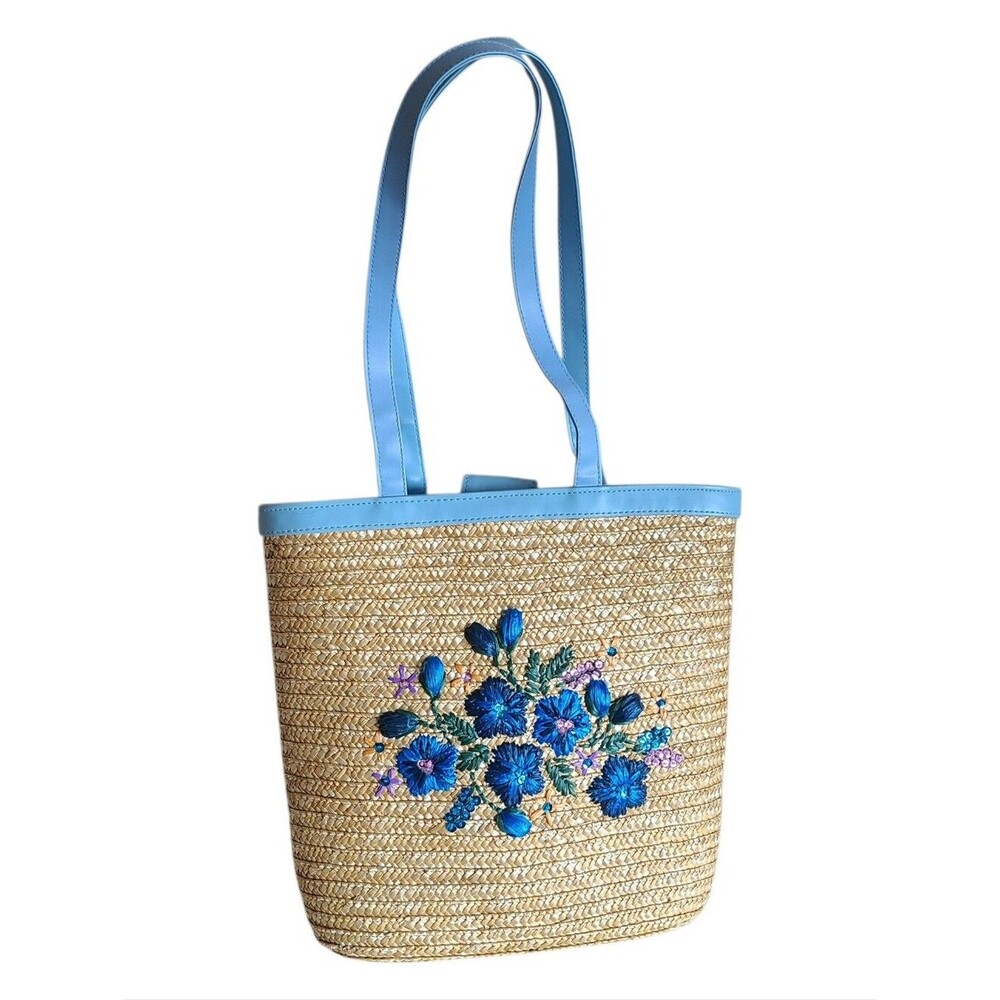 vintage white stag embroidered straw tote bag
